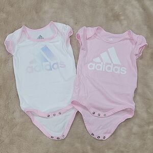 ADIDAS TWO PINK AND WHITE LOGO BODYSHIRTS ONESIES, SIZE 9 MONTHS
